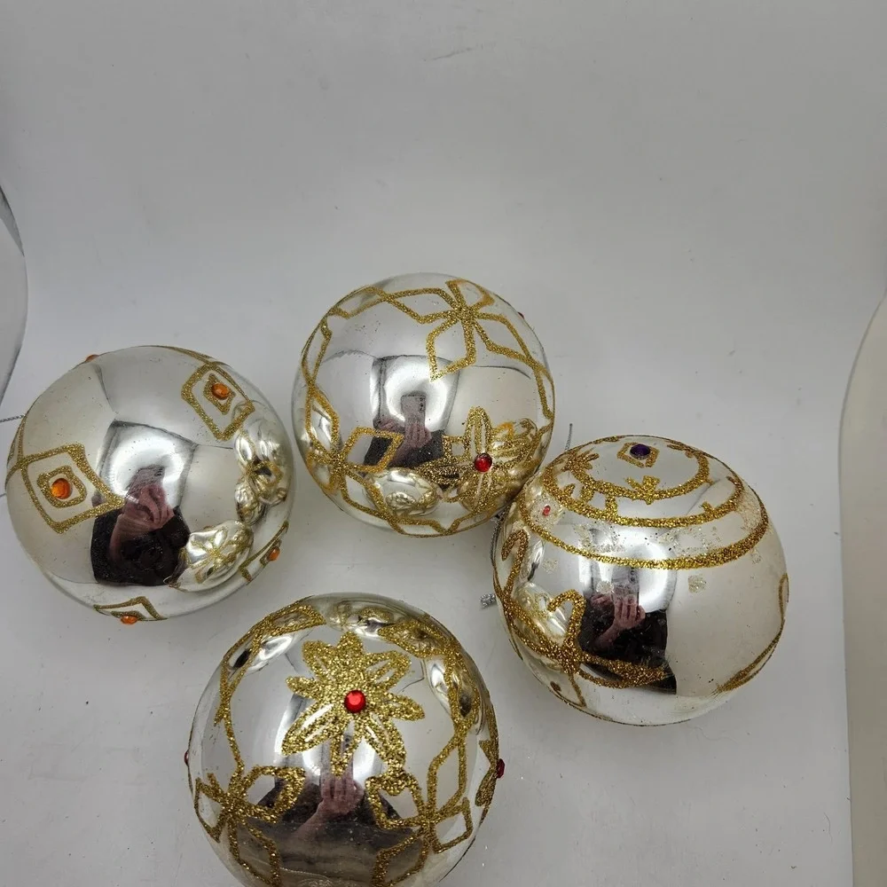 Vintage Glass Christmas Ornaments Lot of 4 Gold Glitter Jeweled Balls